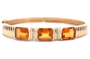 XL Golden Citrine & Diamond Ribbed Bangle Bracelet in 14k Yellow Gold (19.50 Grams) $2,155 Retail