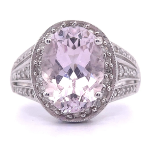0.50 Carat Diamond & Kunzite Oval Halo Triple Split Shank Ring in 14k White Gold VIDEO