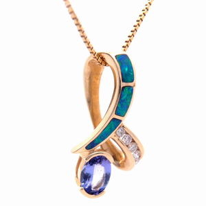 0.25 Carat Diamond, Tanzanite & Blue Opal Inlay Ribbon Slide Pendant in 14k Yellow Gold