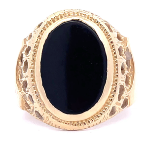 Oval Onyx Tablet Openwork Tapered Ring in 14k Yellow Gold