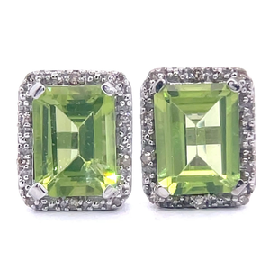 Emerald Cut Peridot & Diamond Halo Earrings in White Gold VIDEO