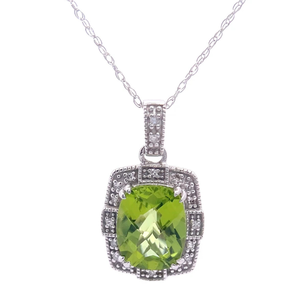 Oval Peridot & Diamond Halo Pendant Necklace in White Gold