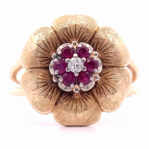 Diamond & Ruby Cluster Hawaiian Hibiscus Flower Ring in 14k Yellow Gold