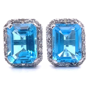 Emerald Cut Blue Topaz & Pav Diamond Halo Stud Earrings in White Gold