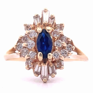 0.25 Carat Diamond & Marquise Blue Sapphire Ballerina Cluster Ring in 14k Yellow Gold VIDEO