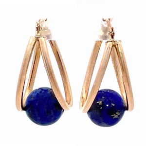 Lapis Lazuli Trapeze Orbital Oblong Hoop Earrings in 14k Yellow Gold