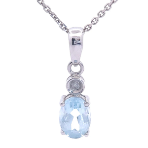 Oval Blue Topaz & Bezel Diamond 2-Stone Drop Pendant Necklace in 14k White Gold