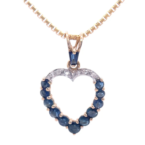 Blue Sapphire & Damond Open Heart Halo Split Bail Pendant in 14k Yellow Gold