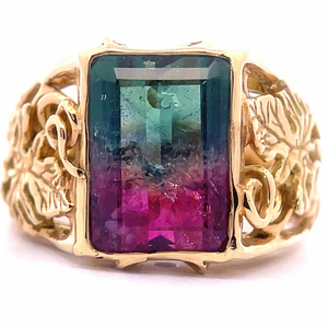 Bezel Bi-Colored Watermelon Tourmaline Garden Vine Filigree Ring in 18k Yellow Gold VIDEO