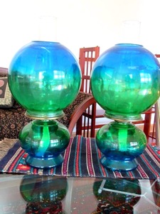 Pair of Vintage Risdon Blue Green Gone with the Wind Glass Kerosene Oil Parlor Lamps--stunning