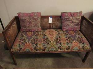 Mid-Century Cane Back Reupholstered Banquette Settee