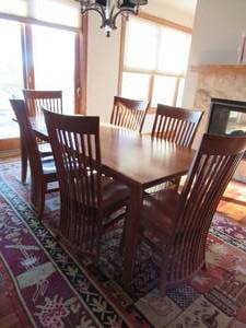 Solid Table by the Country Woodshop  Mission style Mid-Century Modern Cherry stained Dining Table with 6 Fanback Chairs  Unique Design