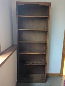 Cherry stain on knotty pine standing 6 shelf wood bookshelf