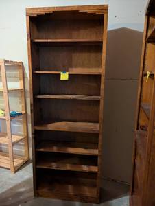 Cherry stain on knotty pine standing 6 shelf wood bookshelf