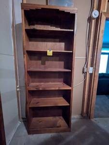 Cherry stain on knotty pine standing 6 shelf wood bookshelf