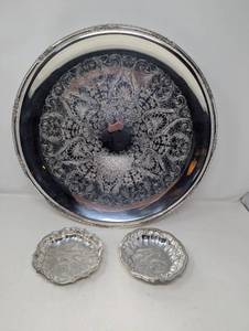 Silver Plated 18 Diameter Footed tray and 2 small 5.5 diameter silver plate bowls