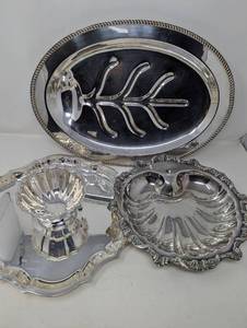 3 Piece lot 2 Stainless Steel  trays oval and footed bowl and tray   Silver Plate footed scrolled shell server