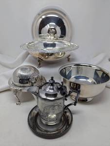 4 piece lot silver plate and stainless serving vessels