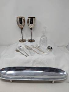 2 silver plate stemmed gobletscrystal bell6 silver plate condiment servers covered plate votive footed stainless silver bowl