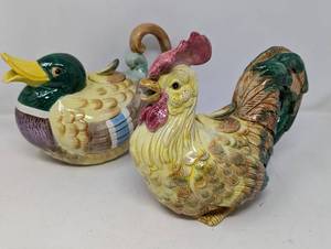 2 Vintage Fitz and Floyd  Duck and Chicken teapots 1986