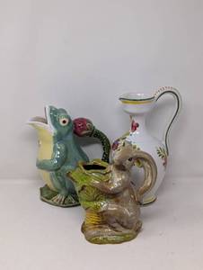 3 Piece group Vintage teapot, pitcher, majolica vase