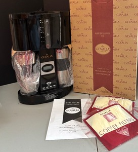lot 140 image: New Gevalia Programmable Coffee Maker with Stainless Steel Travel Mugs