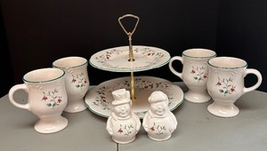 lot 143A image: Pretty Pfaltzgraff Mugs, SaltPepper Shakers and Tiered Serving Tray