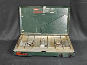 lot 12 image: Coleman Propane Stove - Used Condition, Functional & Wooden 2 Rung Step Ladder