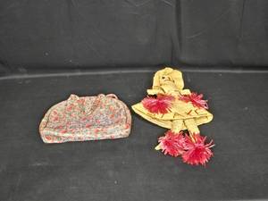lot 16A image: Collection of Vintage Accessories - Floral Handbag and Handmade Straw Doll