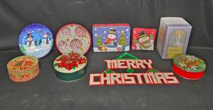 lot 17A image: Collection of 9 Vintage Christmas Decor Items - Including Tins and Musical Figurines