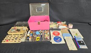 lot 26A image: Sewing Supplies Assortment with Vintage Pink Organizer - Includes Thread, Patterns, and Accessories