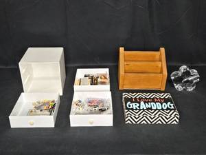 lot 28A image: Group of Decorative Storage Boxes and Accessories - Inc Wooden Organizer, Glass Petal Candle Holder & Decorative Sign I Love My Granddog