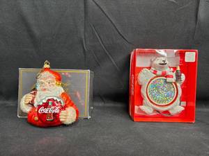 lot 32 image: Lot of 2 Coca-Cola Christmas Ornaments - Santa & Polar Bear with Spinning Disc