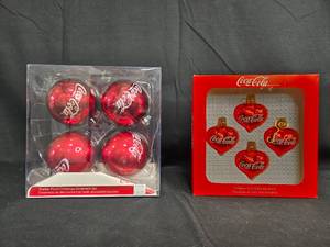 lot 33 image: Set of 8 Coca-Cola Ornaments - Includes 4 Shatter Resistant Balls and 4 Heart-Shaped Glass Ornaments