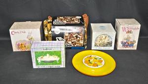 lot 36 image: Assortment of Home Decor Items - Candy Dishes, Waterglobe, and No Sew Fleece Throw
