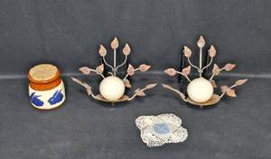 lot 37 image: Set of 2 Decorative Candle Holders with Cream Colored Balls and Decorative Floral Design