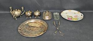 lot 39 image: Vintage Silver Plated Serving Set with Rose Decorated Plate - Collection of 8 Items