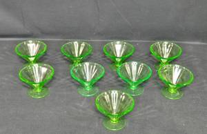 lot 47 image: Uranium Glass Set of 10 Vintage Green Glass Dessert Cups - Elegant Design