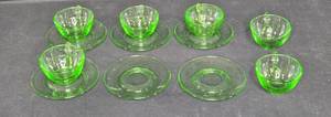 lot 48 image: Uranium Glass Set of Vintage Green Glass Mugs with Saucers