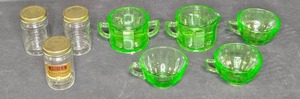 lot 50 image: Uranium Glass Vintage Green Glassware Cups, Sugar & Creamer and 3 Small Glass Jars with Lids