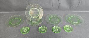 lot 51 image: Uranium Glass Set of 6 Vintage Green Glass Plates and Bowls - Elegant Design