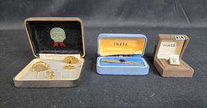 lot 84 image: Collection of 3 Vintage Mens Accessories - Cufflinks, Tie Pin, and Lapel Pin