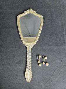 lot 99 image: Vintage Hand Mirror and Pair of Pearl Clip-On Earrings Set