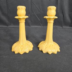 lot 103 image: Set of 2 Vintage Yellow Ceramic Candle Holders - Made in Portugal by Williams-Sonoma