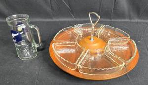 lot 116 image: Vintage Glass and Wood Condiment Serving Tray with Viking Mug