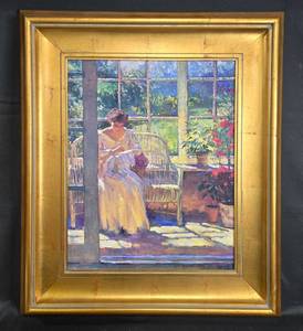 lot 133 image: Framed Vintage Oil Painting of Woman Reading in Serene Garden Setting