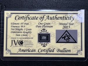 1 Grain .999 Fine Platinum Bar
