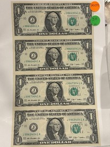 2009 Uncut Sheet of $1 Dollar Bills