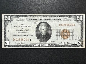 1929 Brown Seal $20 Dollar National Currency Minneapolis