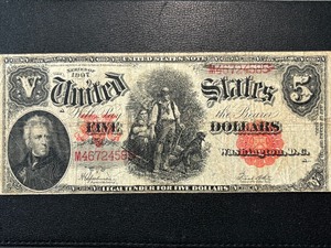 lot 1 image: 1863 Red Seal $5 Dollar United States Note